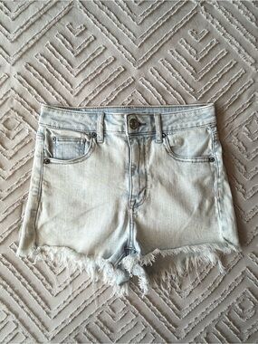 AEO High Rise Shortie Light Blue Frayed Hem Denim Shorts | 4